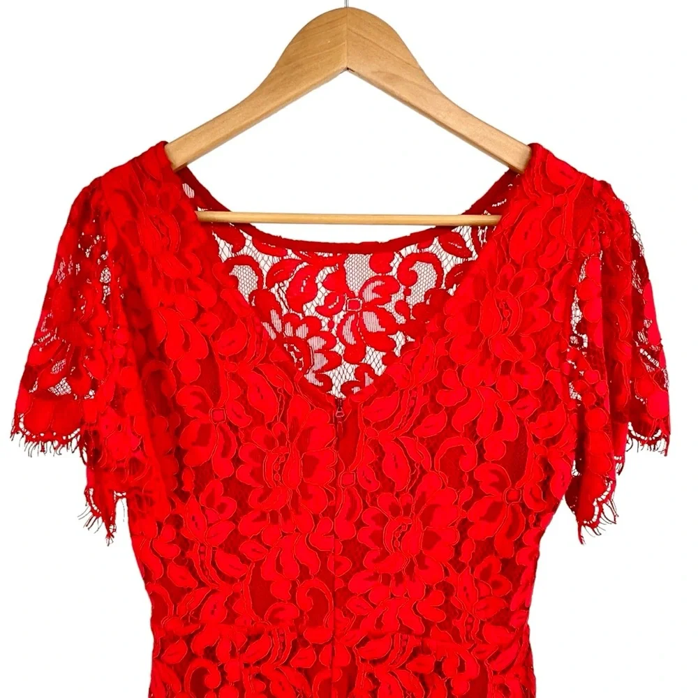 Lulus Pearson Red Lace Dress Sz M Eyelet Lace Flutter Short Dress Sleeve V Back